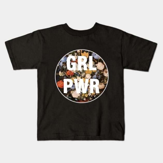 1980s Black floral feminism typography Girl Power Kids T-Shirt by Tina